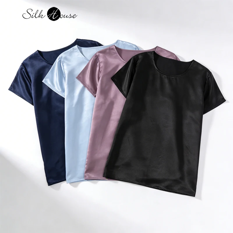 

2026 Versatile Basic Women's Clothing 100% Natural Mulberry Silk Plain Satin Solid Color Round Neck Short Sleeved Loose T-shirt