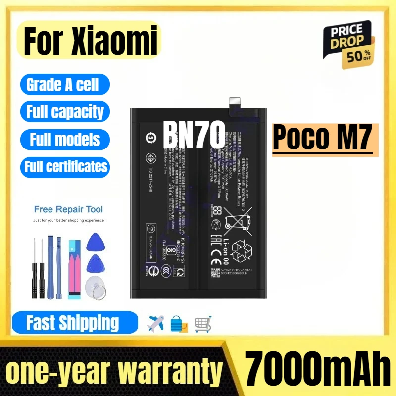 

BN70 for Xiaomi Poco M7 4G/Redmi 15 5G/15 4G Phone Battery High Quality High Capacity Replacement Bateria Grade A Cell with Tool