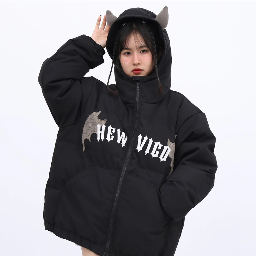 Hip Hop Goth Y2k Dark Devil Horn Embroidery Quilted Coats Thicken Warm Cotton Jacket Kawaii Winter Clothes Korean Couples Casual