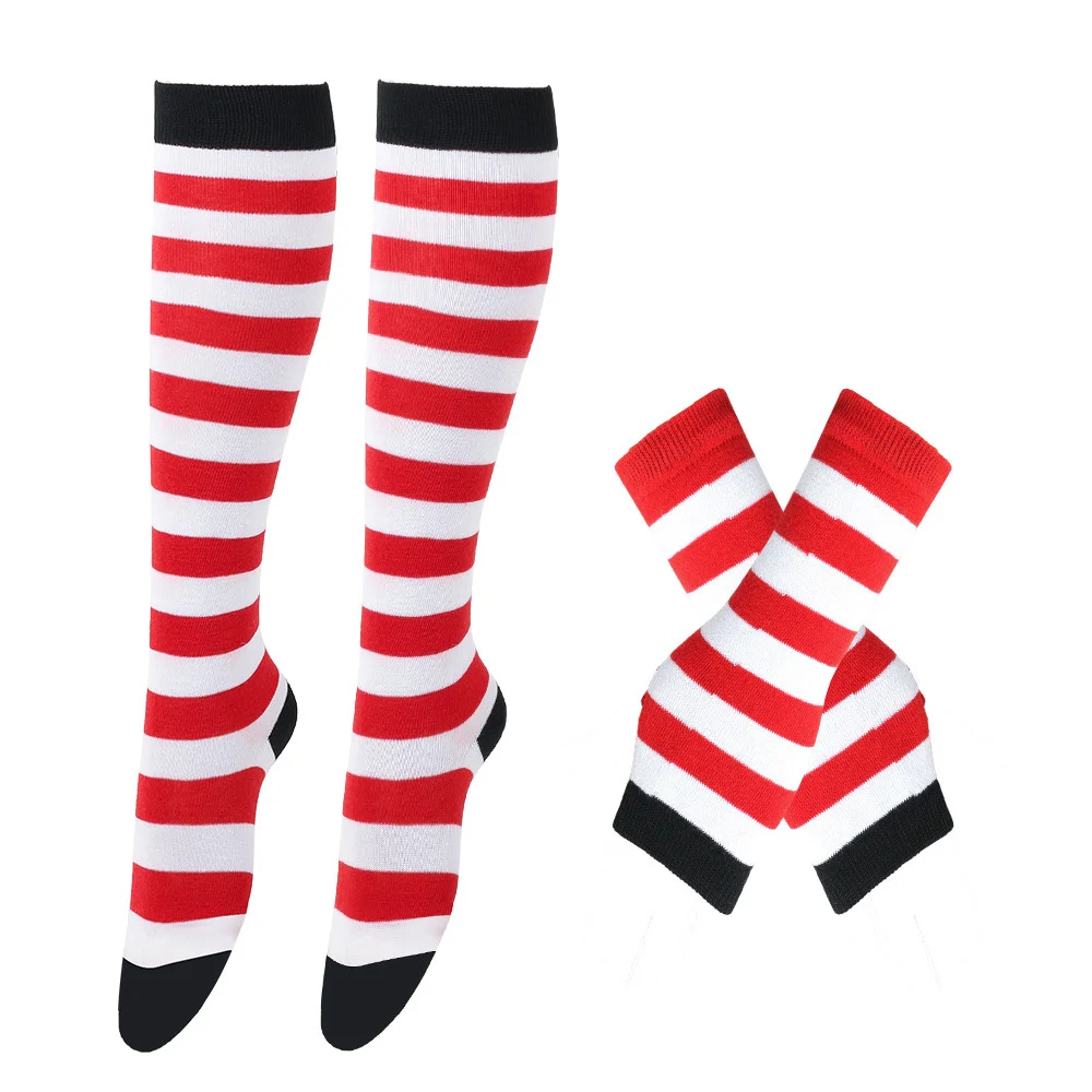 1 Set Women Stripe Gloves+ Over Knee Thigh High Stockings Winter Knitted Gloves Stripe Winter Warm Long Socks Set Kids Gift