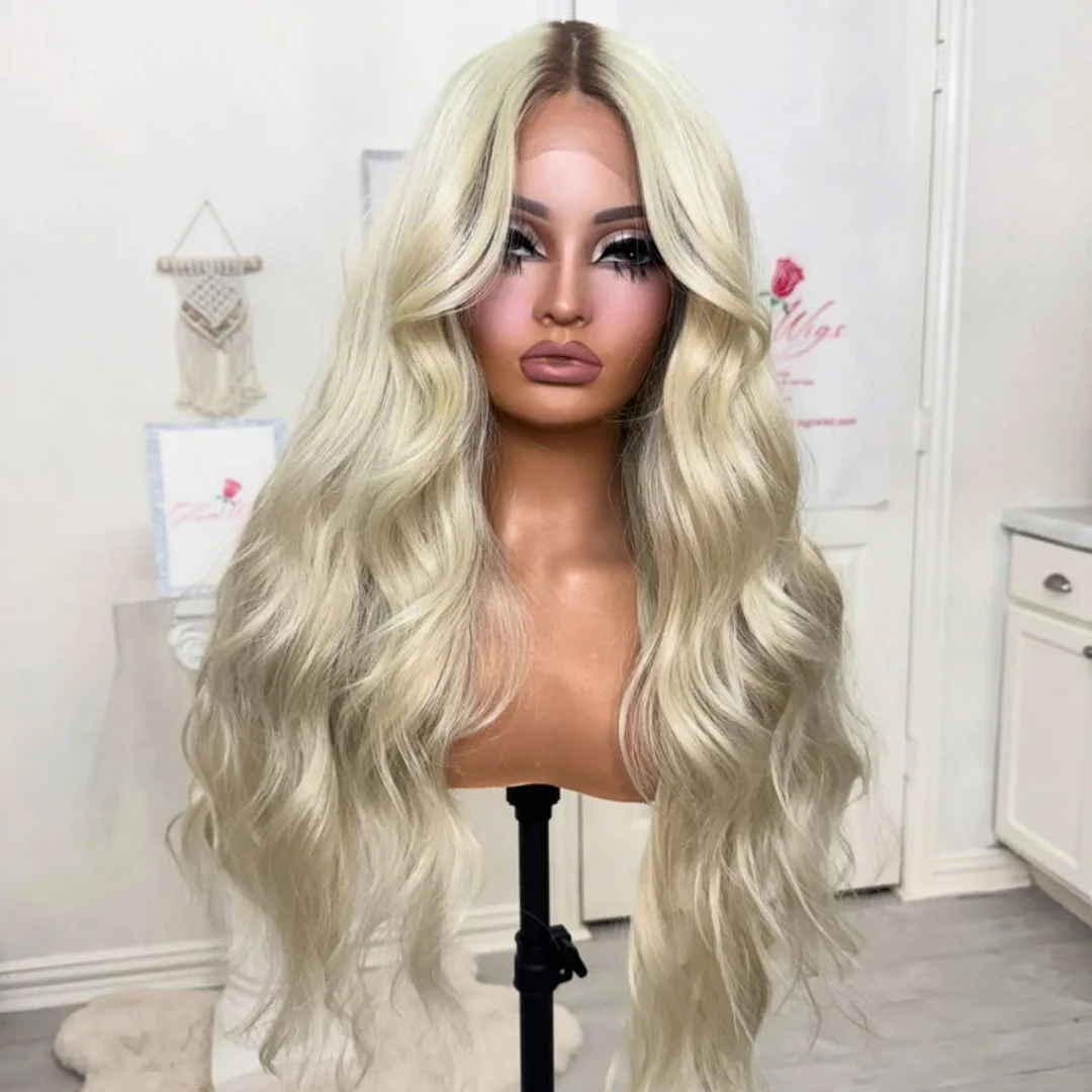 

Высококачественный синтетический парик Ombre Ash Blonde Глубокая волна 13x4 Свободная часть HD Парик фронта шнурка с темными корнями Натуральные волосы 26 дюймов
