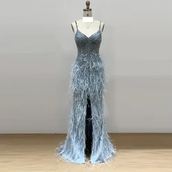 Luxury Blue Sleeveless Sexy Evening Night Dresses Beading Feathers Mermaid Front Slit Backless Wedding Formal Prom Party Gowns