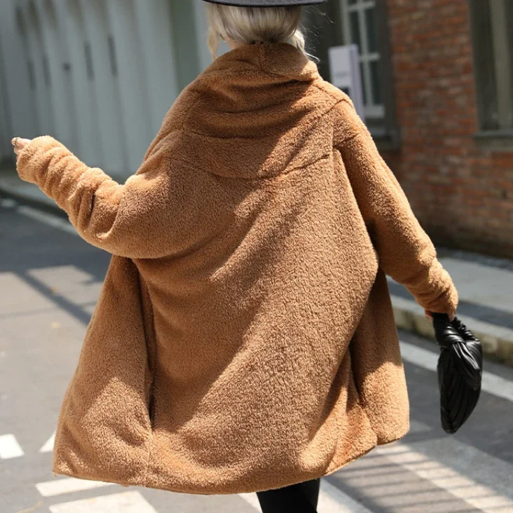 Solid Color Buttonless Loose Lapel Jacket Casual Fuzzy Fleece Outwear Coat Teddy Coat Autumn/Winter Women Clothing