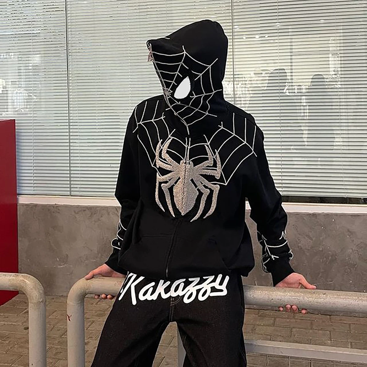 Y2K Women Retro Hoodies Harajuku Zip Up Casual Loose Sweatshirt Oversized Aesthetic Tops Spider Web Print Gothic Pocket Hoodie