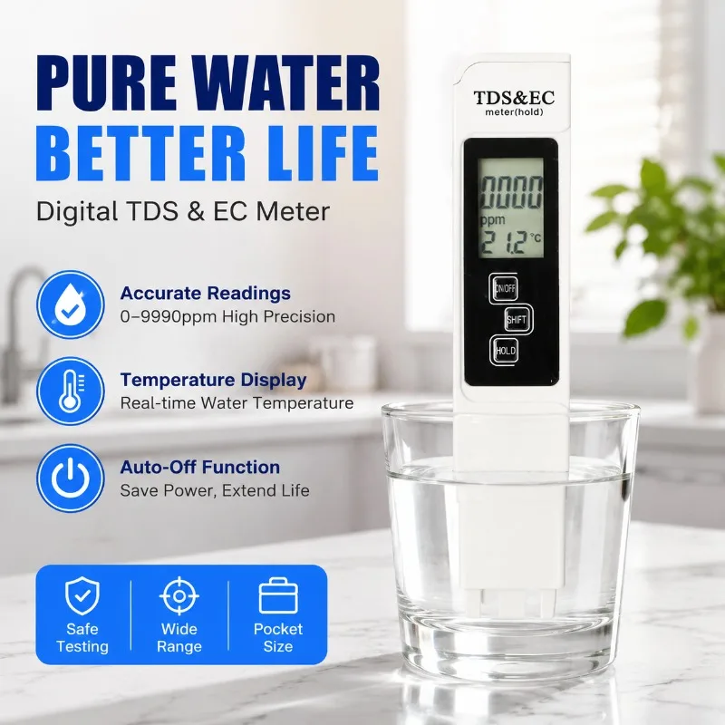 

White Digital Water Quality Tester TDS EC Meter 0-9990ppm Multifunctional Purity Temperature PPM Tester with Auto-Off