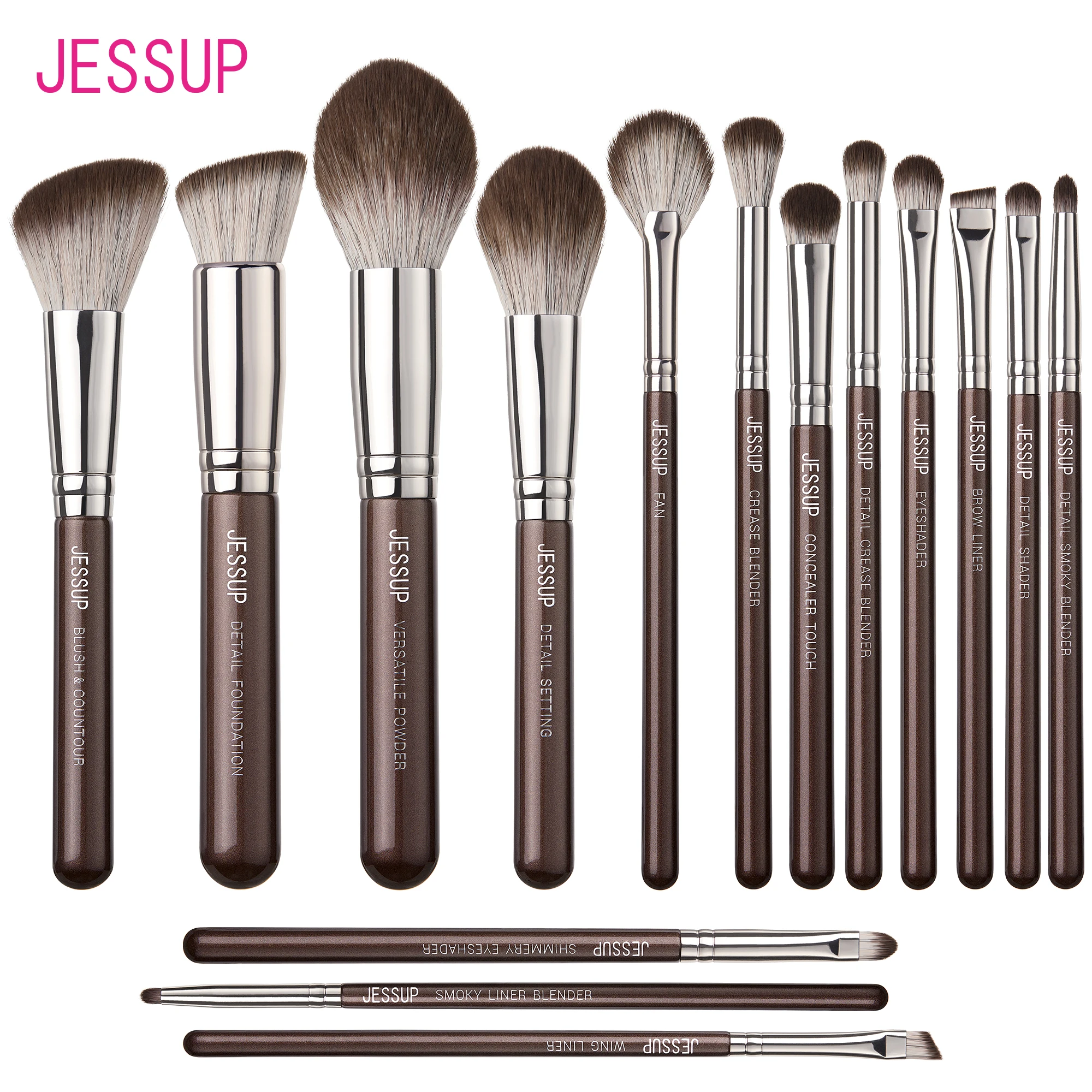 Jessup Juego de brochas de maquillaje, 15 Uds., brochas de maquillaje marrones, base vegana, licuadora, corrector, sombra de ojos, resaltador, T498