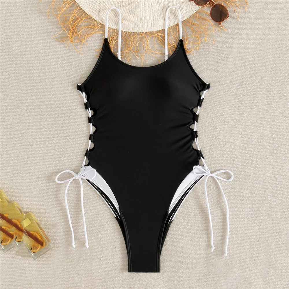 

Black Side Cross String Swimwear Woman Sexy One Piece Swimsuit 2026 Hollow Out Mononiki Slim Bathing Swimming Suit Wear Bathers
