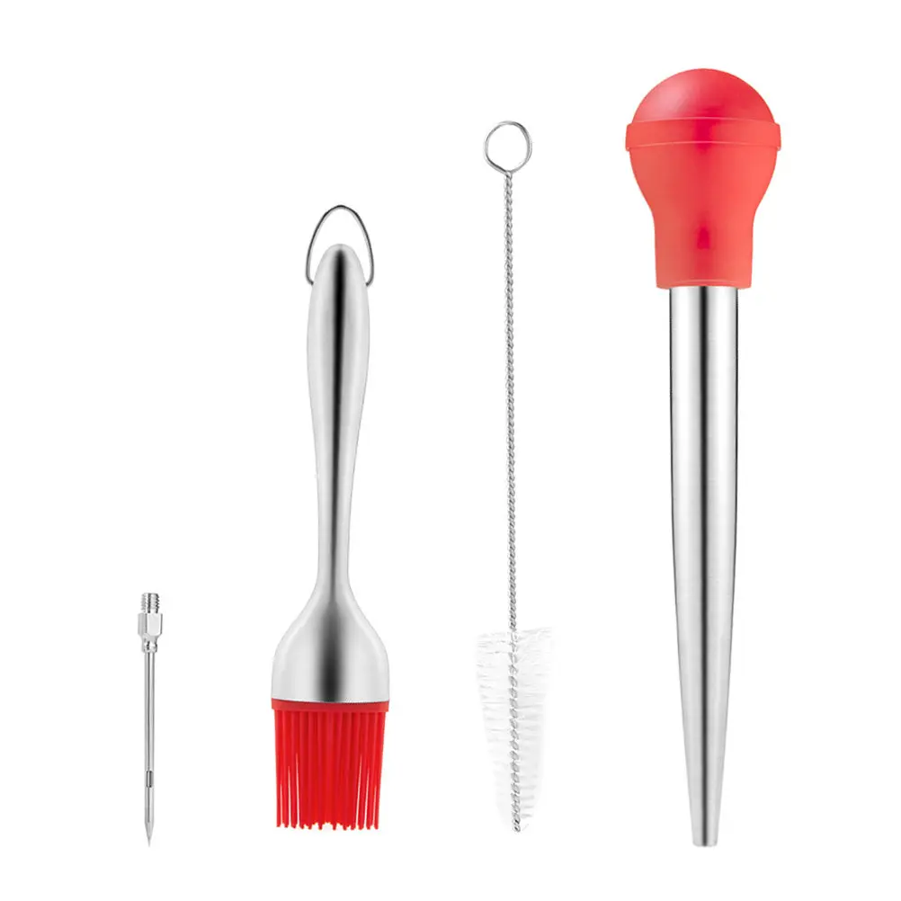 4Pcs Stainless Steel Turkey Baster Set Silicone Oil Brush Oil Dropper Seasoning Pump Barbecue Tools Kitchen Marinade Injector