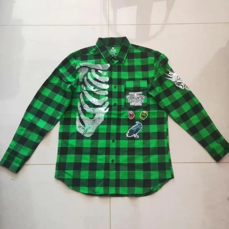Goth green checkered graffiti versatile personality men long sleeve shirt American Harajuku fashion pullover loose couple top
