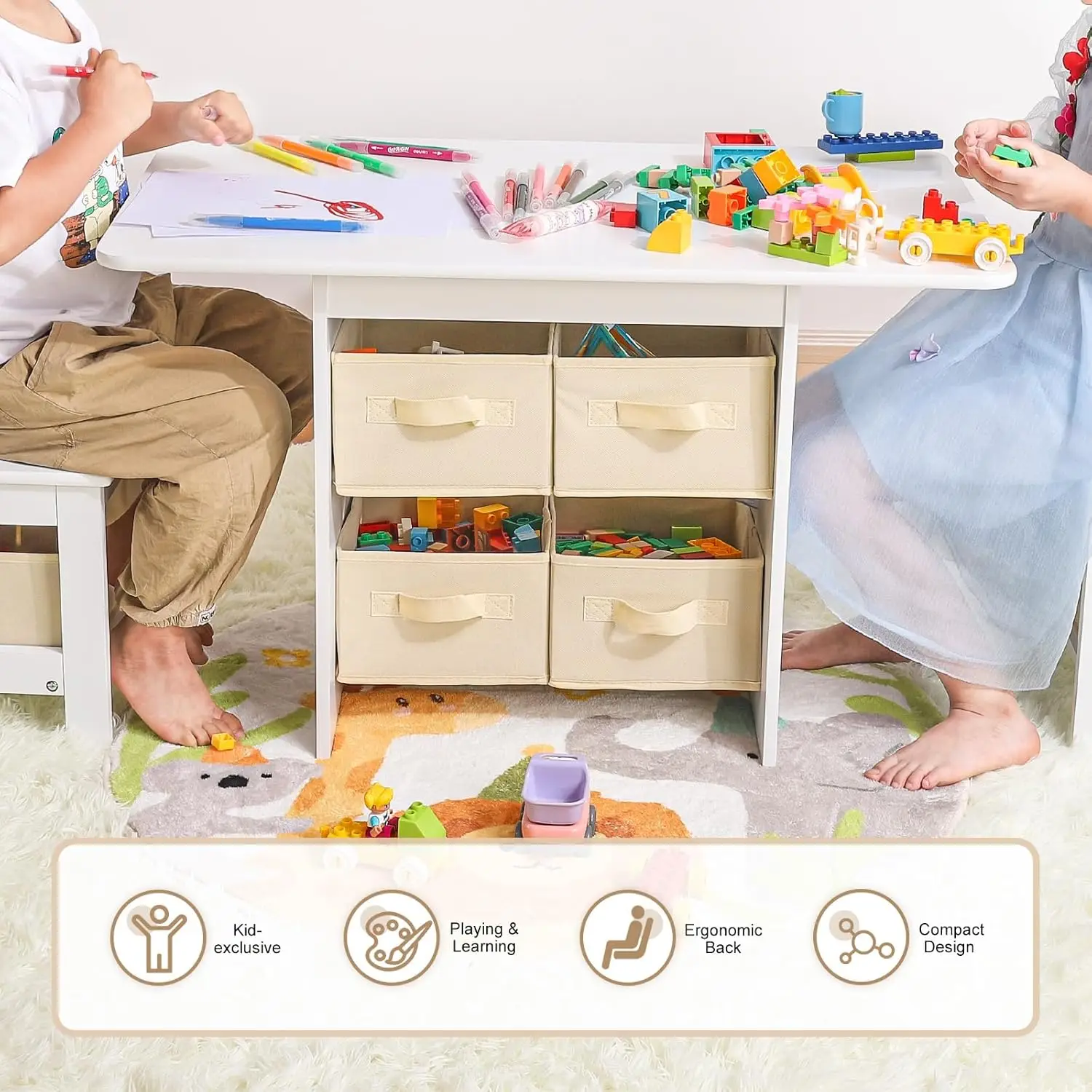 

Children's table and chair set (incl. 2 chairs), wooden toddler table and chair set with 6 storage bins