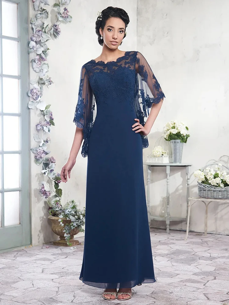 Vestido de chiffon para a mãe da noiva, azul marinho, até o chão, tule longo com applique cape, festa formal, casamento, verão, 2023