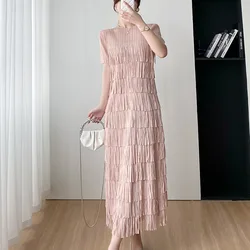 Miyake Style Pleated Dress Women 2023 Summer New High-End Solid Color Fashion Tassels Slim-Fit Figure Flattering Tiered Dress