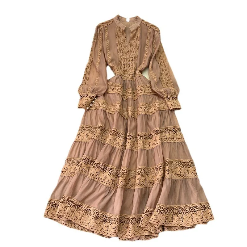 

Women's V Neck Lantern Sleeve Pearls Evening Party Dress Autumn Elegant Hollow Out Embroidery Lace Splice Long Robe Vestidos