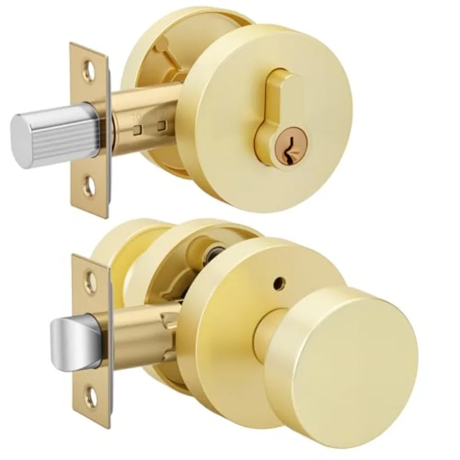 

Gold Door Knob with Deadbolt, Exterior Front Door Knobs and Single Cylinder Deadbolt, Front Door Locks Set - Zinc Alloy Pack