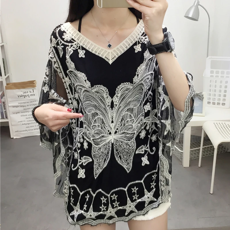 

Embroidery Lace White Shirt Woman Summer 2023 Flare Sleeve Elegant Blouse Women Blusas Casual O-neck Tops Female Clothing R1980