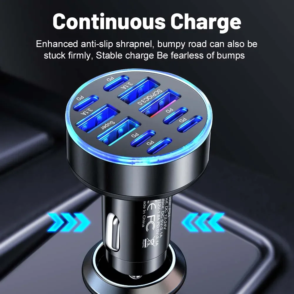 250W 10 Ports Car Charger Fast Charging PD QC3.0 USB C Car Phone Charger Type C Adapter in Car For iPhone Samsung Huawei Xiaomi