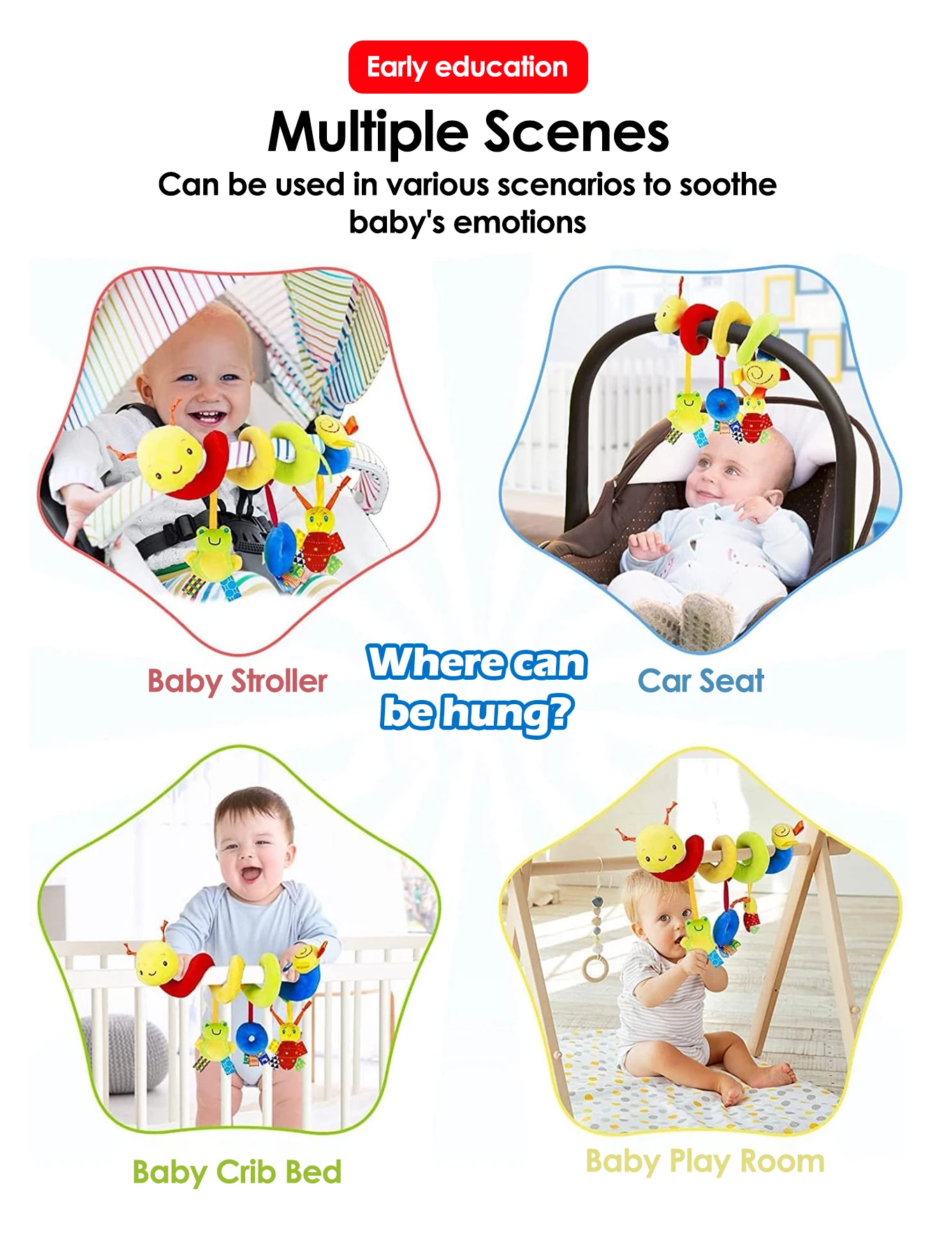 Buntes Etikettenbett für Kleinkinder und Babys von 0 bis 6 Monaten, hängendes Baby-Komfortspielzeug um das Bett, hängendes Spielzeug für den Autositz