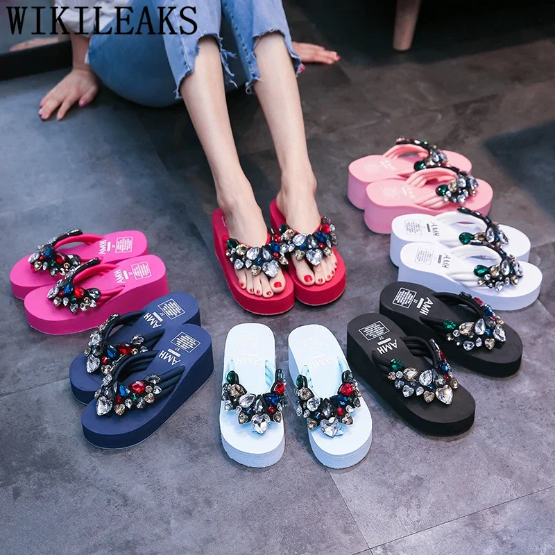 diamond slides summer flip flops women rhinestone slippers platform shoes glitter slides wedge slippers womens slippers outdoor