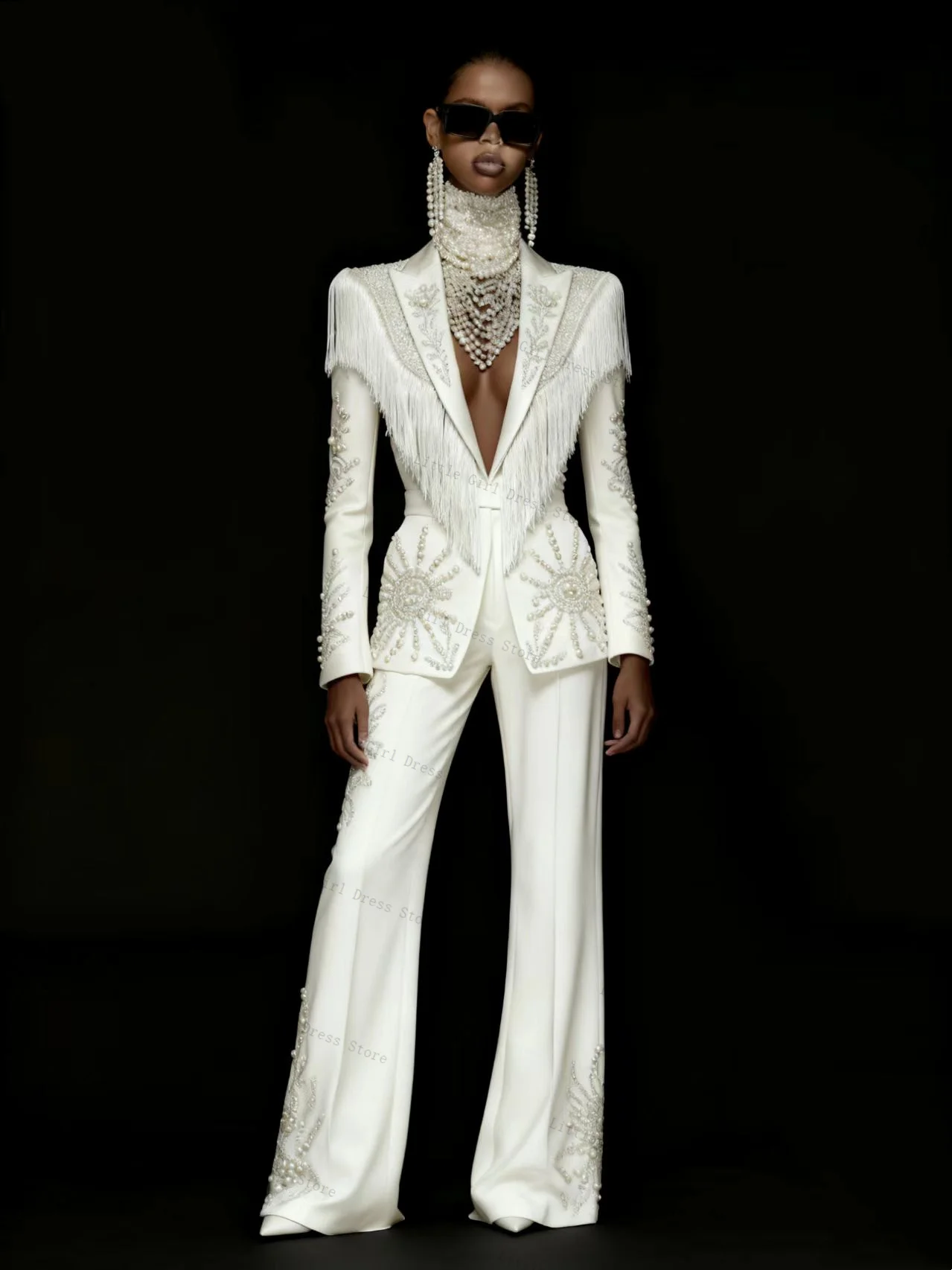 

White Pearls Women Suit Set 2 Piece Tassel Blazer Pants Trouser Formal Office Lady Jacket Prom Wedding Bride Coat Customized