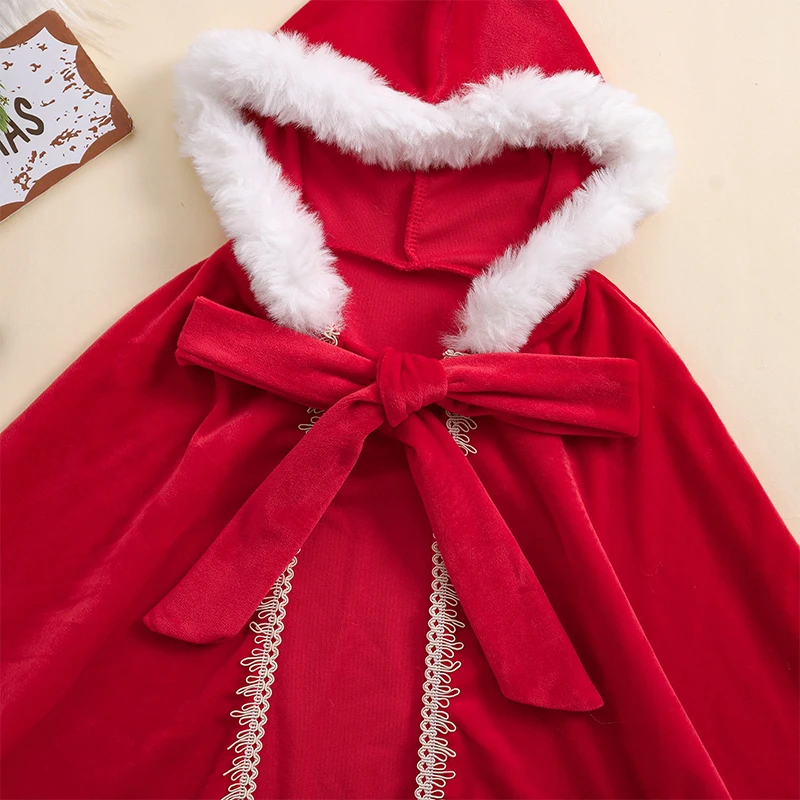 Christmas Red Velvet Cloak for Girls Contrast Color Fuzzy Trim Hooded Cape Cosplay Costume