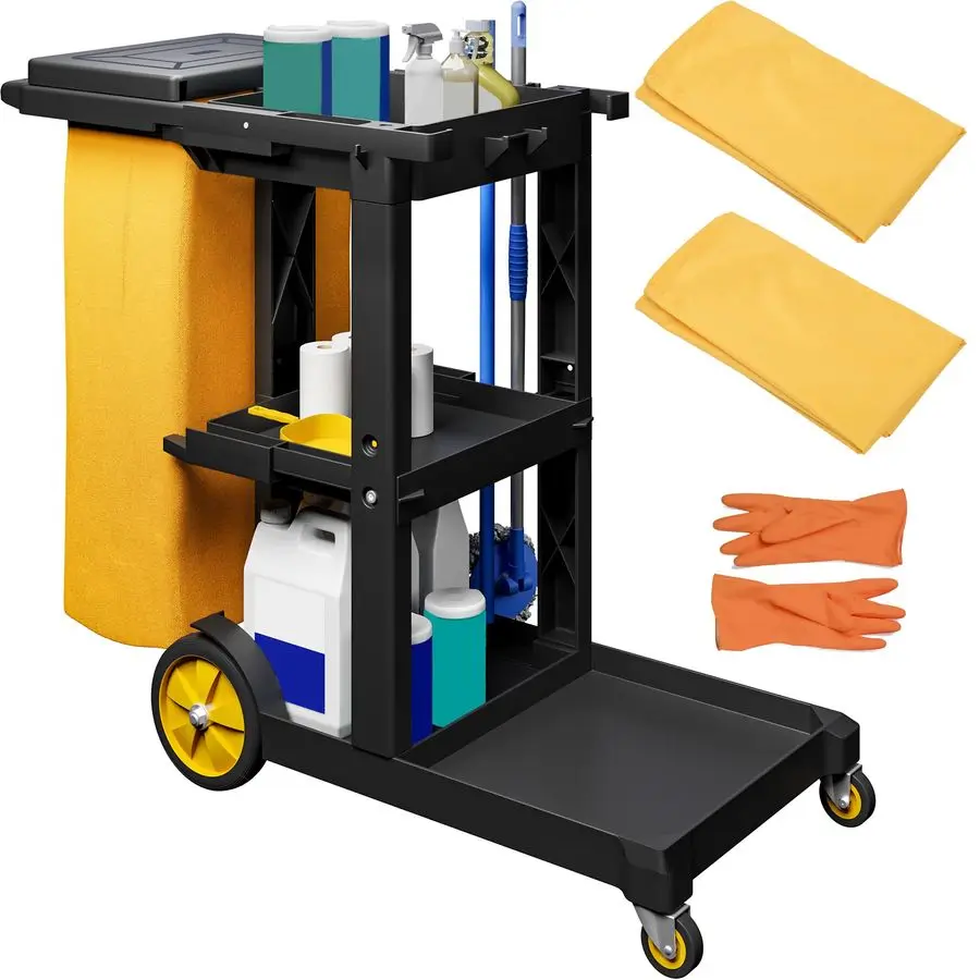 

Cleaning Carts on Wheels, Janitorial Cart, 3Shelf Commercial Traditional Plastic Housekeeping Cart, with 2 Yellow 25 Gallon Viny