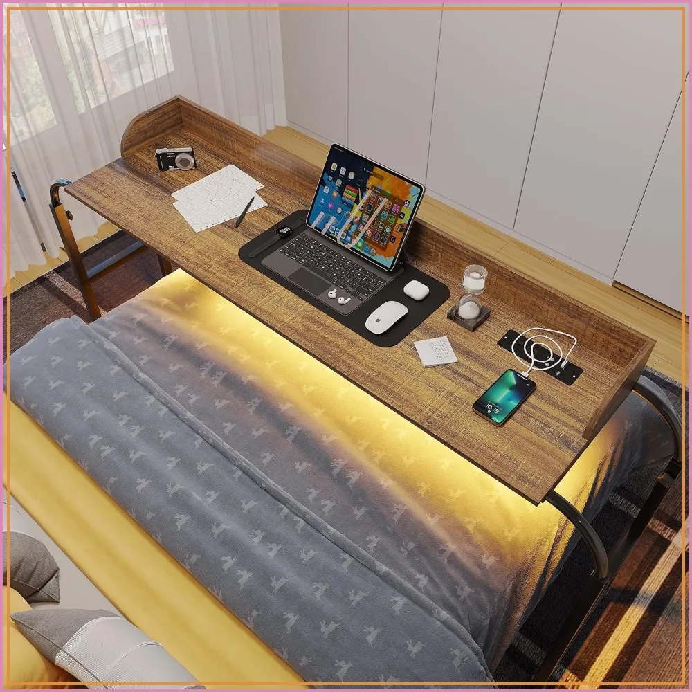 Overbed Desk with Charging Station, Adjustable Height & Length, Wheels, LED Light, Brown