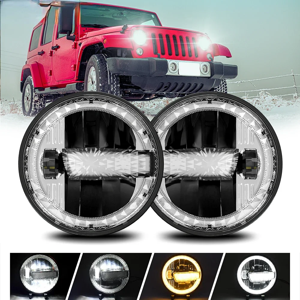 

7-inch Wrangler Headlights Jeep Round Diamond Halo Headlight H4 High Power 300W 300000LM Headlamp for JK Harley Hummer 6000K 30V