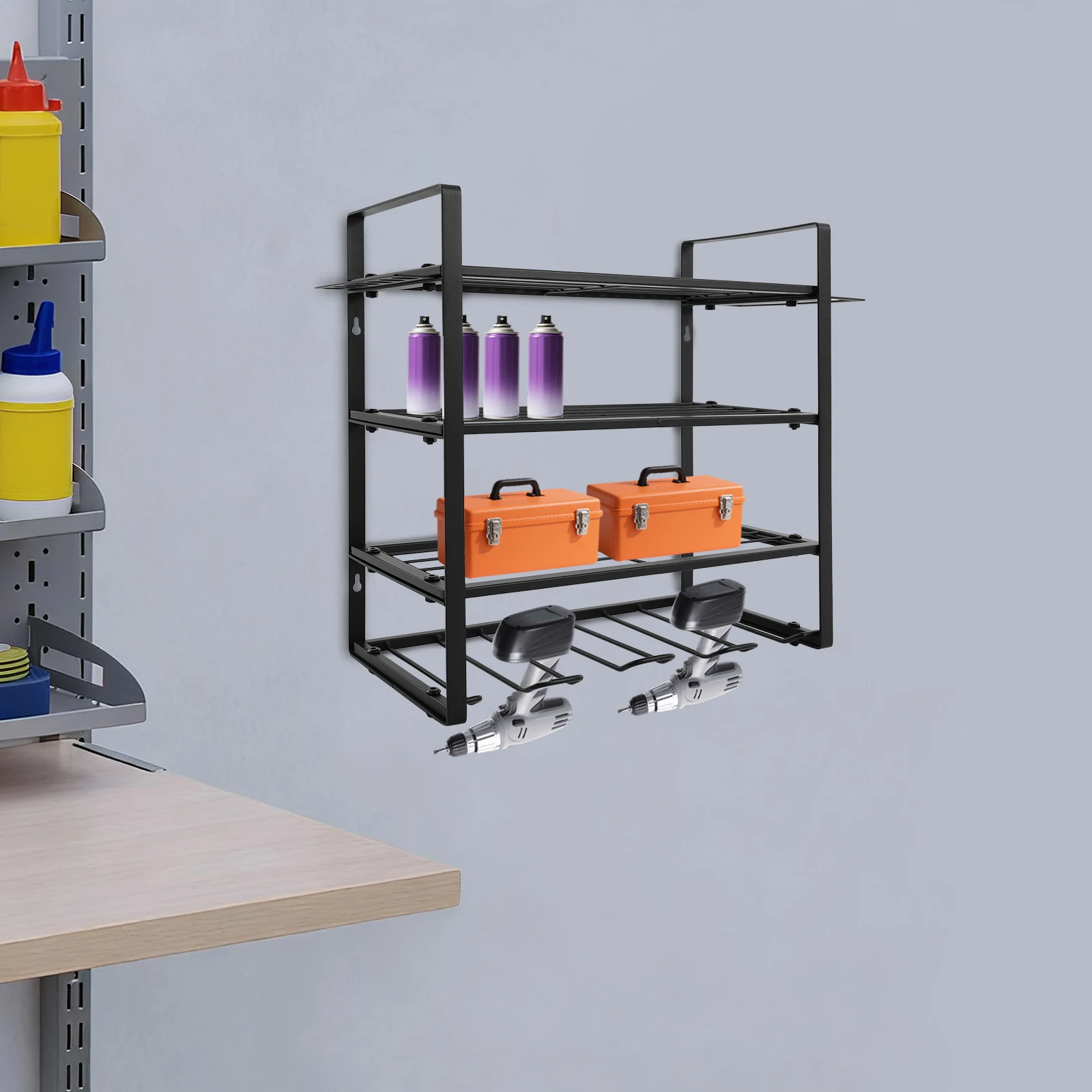 Premium Wall-Mounted Tool Organizer Rack, 4-Tier Heavy Duty Carbon Steel Storage Holder with Hook Hangers & Side Screwdriver/Pliers Rack, Garage Workshop Tool Shed Wall Grid, 60kg Load Capacity