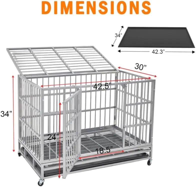 inch Heavy Duty Indestructible and Escape-Proof Dog Crate Cage Kennel , High Anxiety Dog Crate with Removable Crate Trays