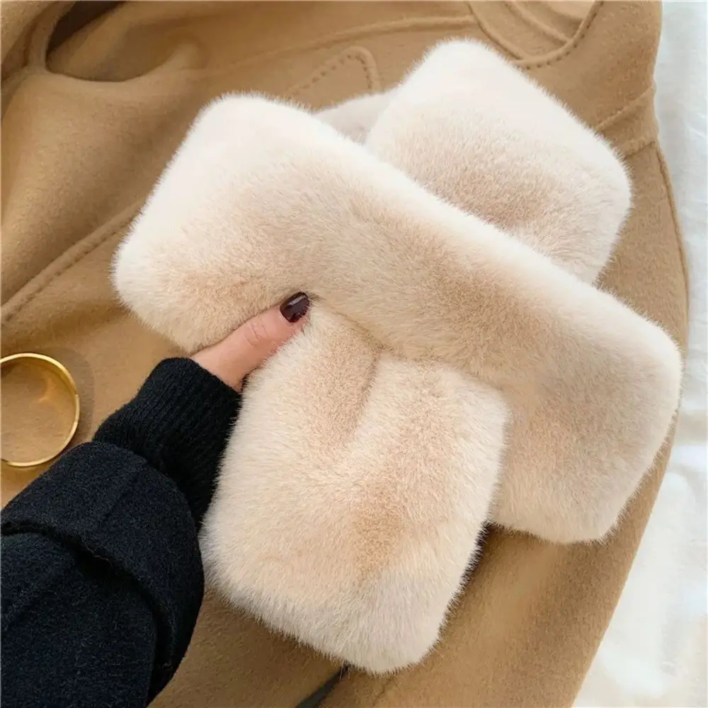 Plush Cross Women\'s Scarf Winter Thickened Soft Furry Neck Warmer Cute Solid Color Faux Rabbit Fur Scarf Women Collar Scarf New