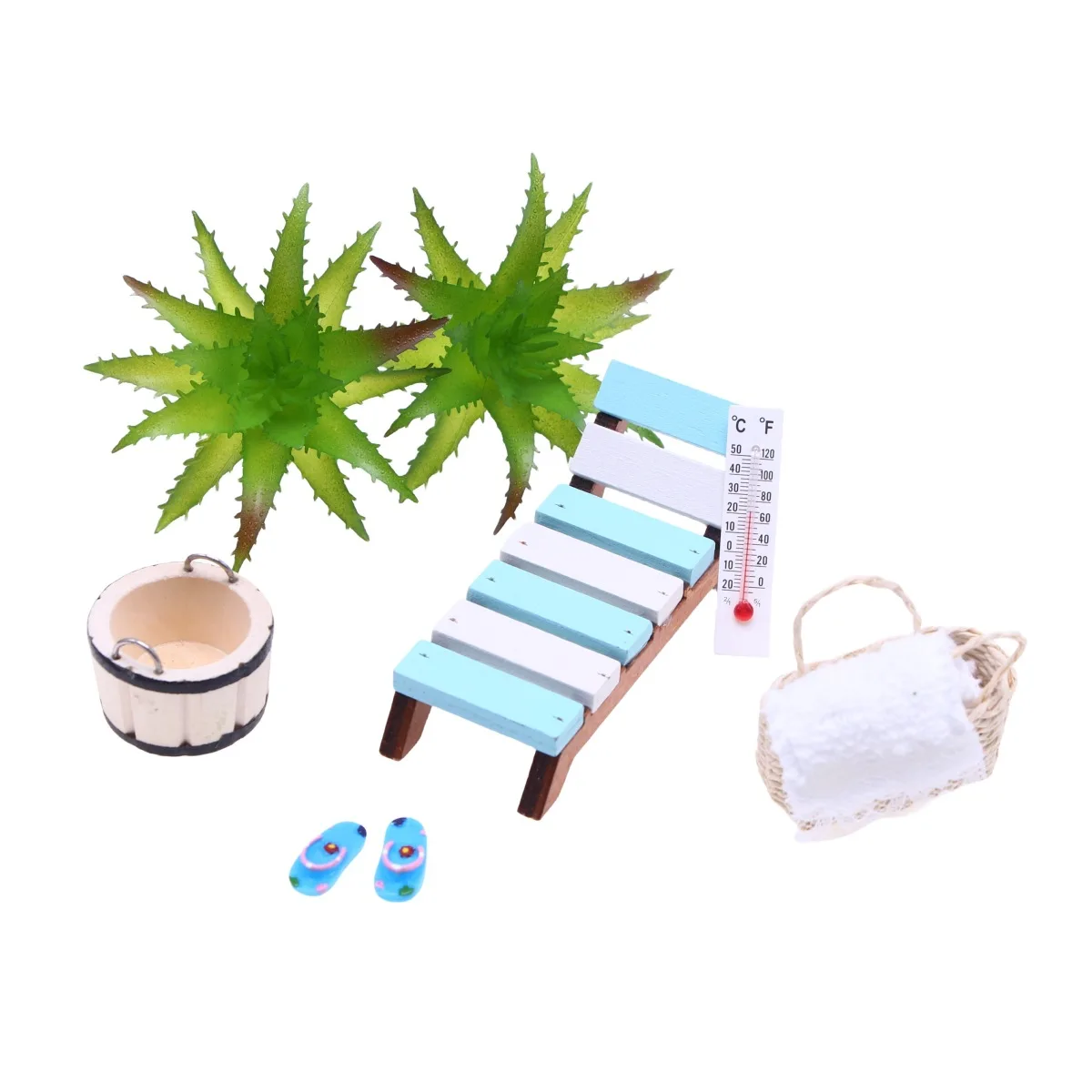 Doll house mini summer beach wooden lounge chair, miniature sauna scene shooting prop model