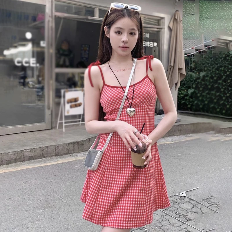 Women Summer Plaid Mini Dress Tie Strap Ruched Bust Sundress Low Back Casual Short Dresses Slit Dress