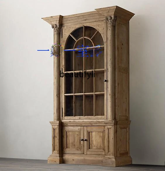 American splicing log oak retro bookcase French old carving display collection cabinet