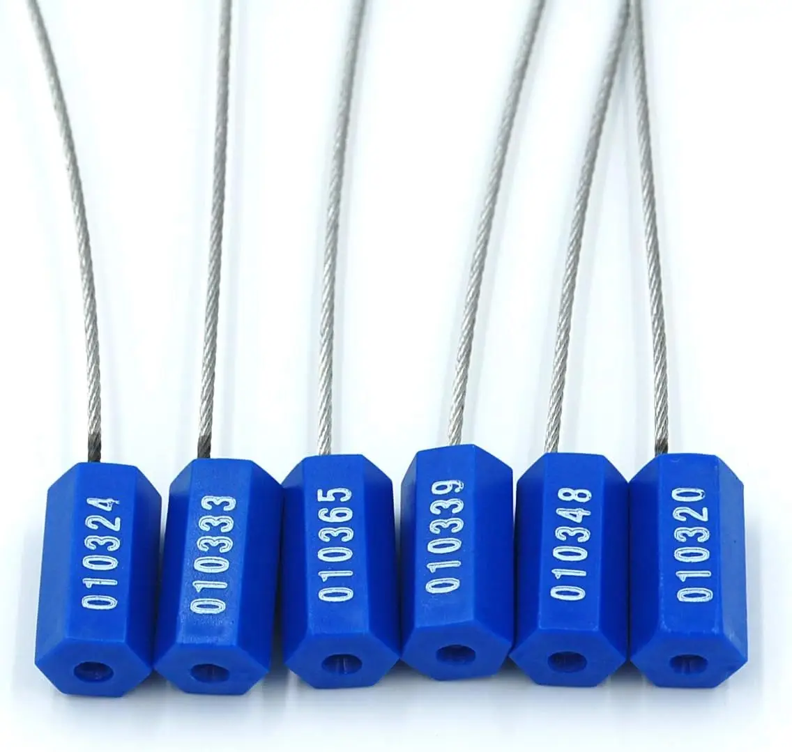 1000 ختم كابل من الفولاذ الأزرق - أختام معدنية مقاومة للعبث، علامات أمان مرقمة - روابط أمان ذاتية القفل لشاحنة الحاويات