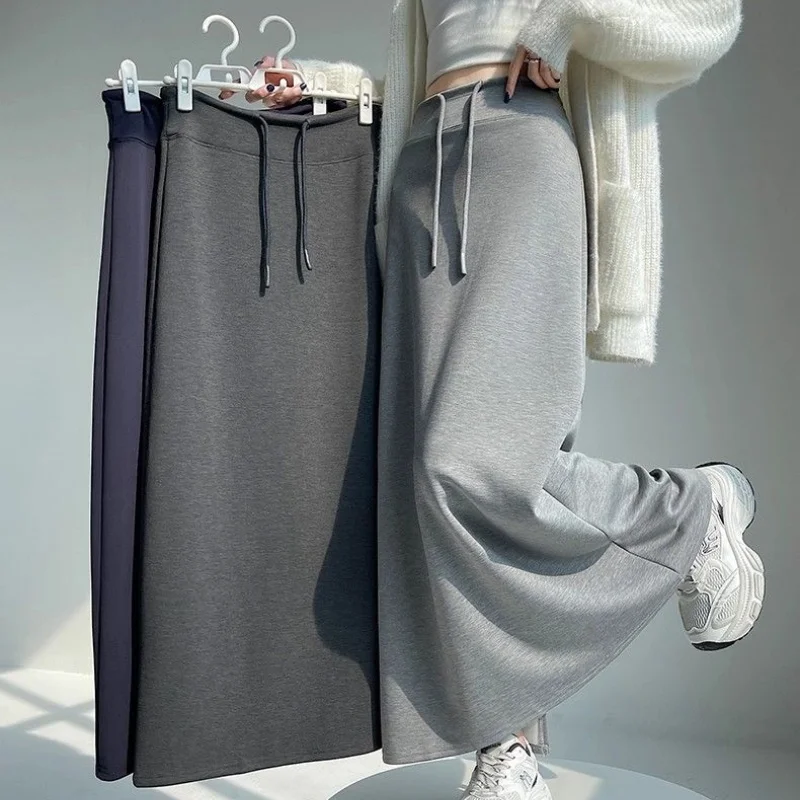 Women Relaxed Lazy Vibe Skirt Lady Grey High Waist Drawstring Straight Sports Maxi Skirt Skirt Ladies Elegant Concise Skirt