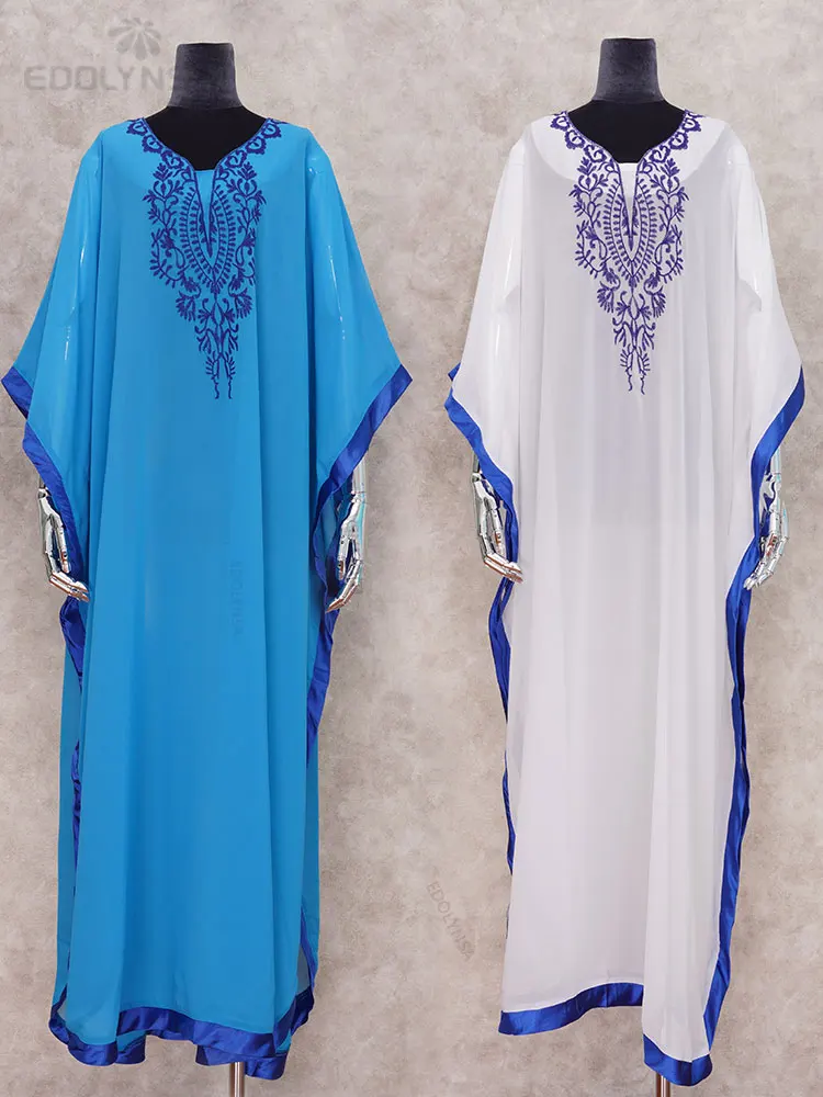 2023 Blue Bohemian Embroidered Batwing Sleeve Side Split Summer Beach Dress Chiffon Tunic Women Plus Size Beachwear kaftan Q746