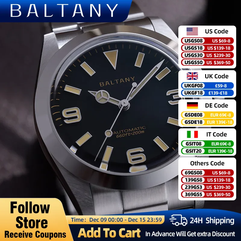 Baltany 36mm Explorer Homage Watches Brushed Bracelet NH38 Automatic Movement Swiss Luminous Stainless Steel mechanical watch