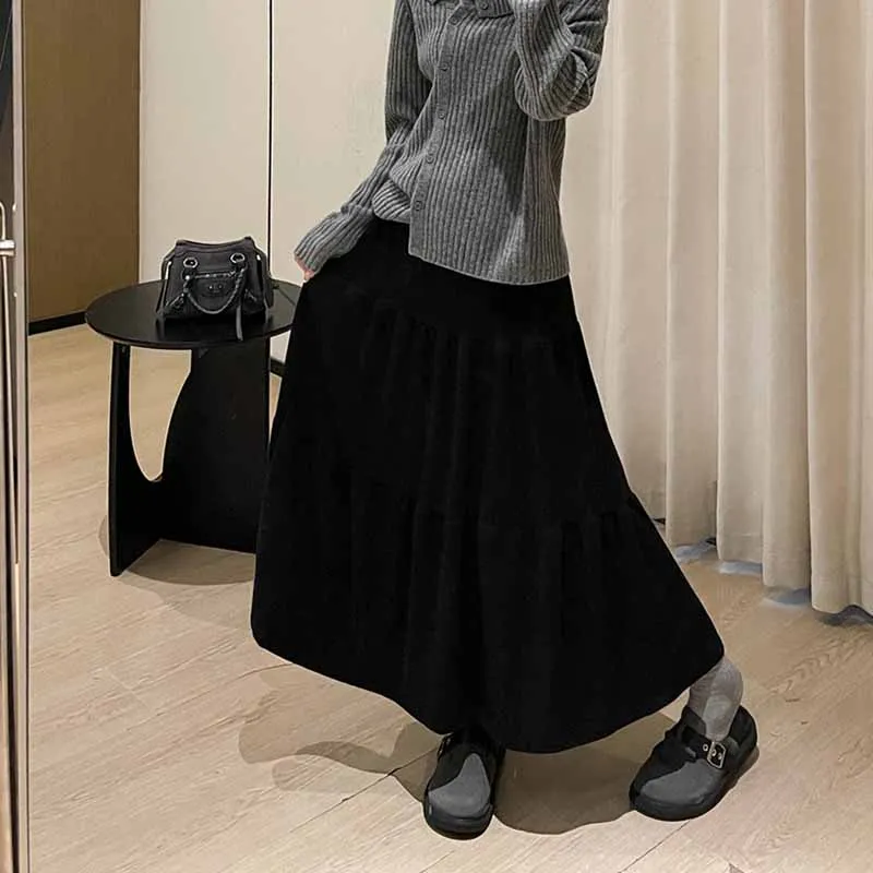 

High Waisted Spliced Knitted Skirts for Women Autumn Winter Thicken Drooping Long Skirt Female Elegant Solid A-Line Midi Skirts