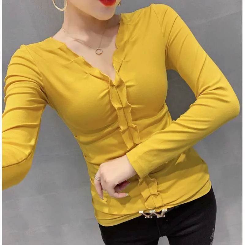 Fashion V-Neck Spliced Folds Ruffles T-Shirt Women\'s Clothing 2023 Winter Slim Solid Color All-match Tops Office Lady Tee Shirt