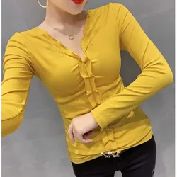 Fashion V-Neck Spliced Folds Ruffles T-Shirt Women's Clothing 2023 Winter Slim Solid Color All-match Tops Office Lady Tee Shirt