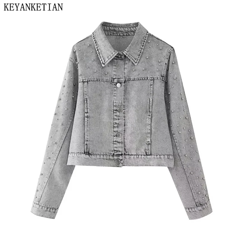 

KEYANKETIAN 2024 New Launch Women's Luxury Faux Pearl Embellished Denim Jacket High Street Single Breasted Short Outerwear Top