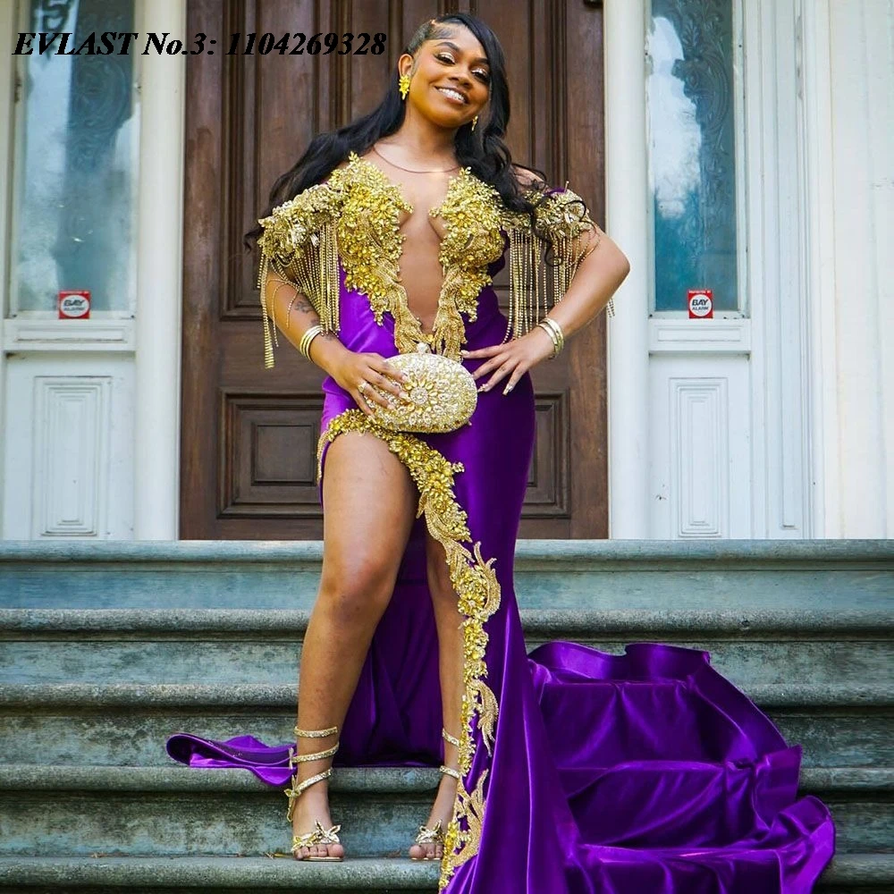 EVLAST Angepasst Afrikanische Lila Aso Ebi Meerjungfrau Prom Kleid Hohe Schlitz Gold Spitze Applique Abendkleid Robe De Soirée E3P521