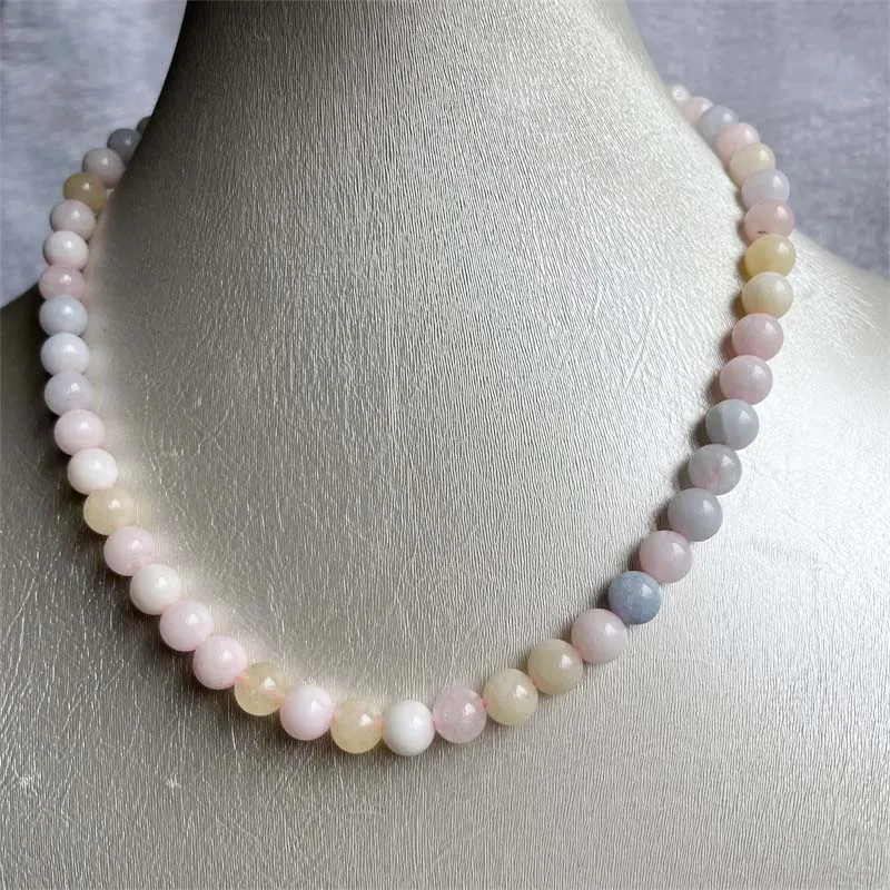 8MM Morganite Necklace Blue Pink Green Natural Stone Beads Jewelry Health Care Gemstone Protection Choker Healing Yoga Female