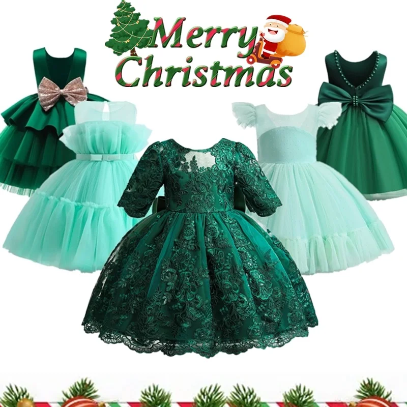 Baby Girls Party Dresses Embroidery Lace Elegant Dress Newborn Infant Birthday Tutu Gown Green Christmas Dress for Girls 1-5Yrs