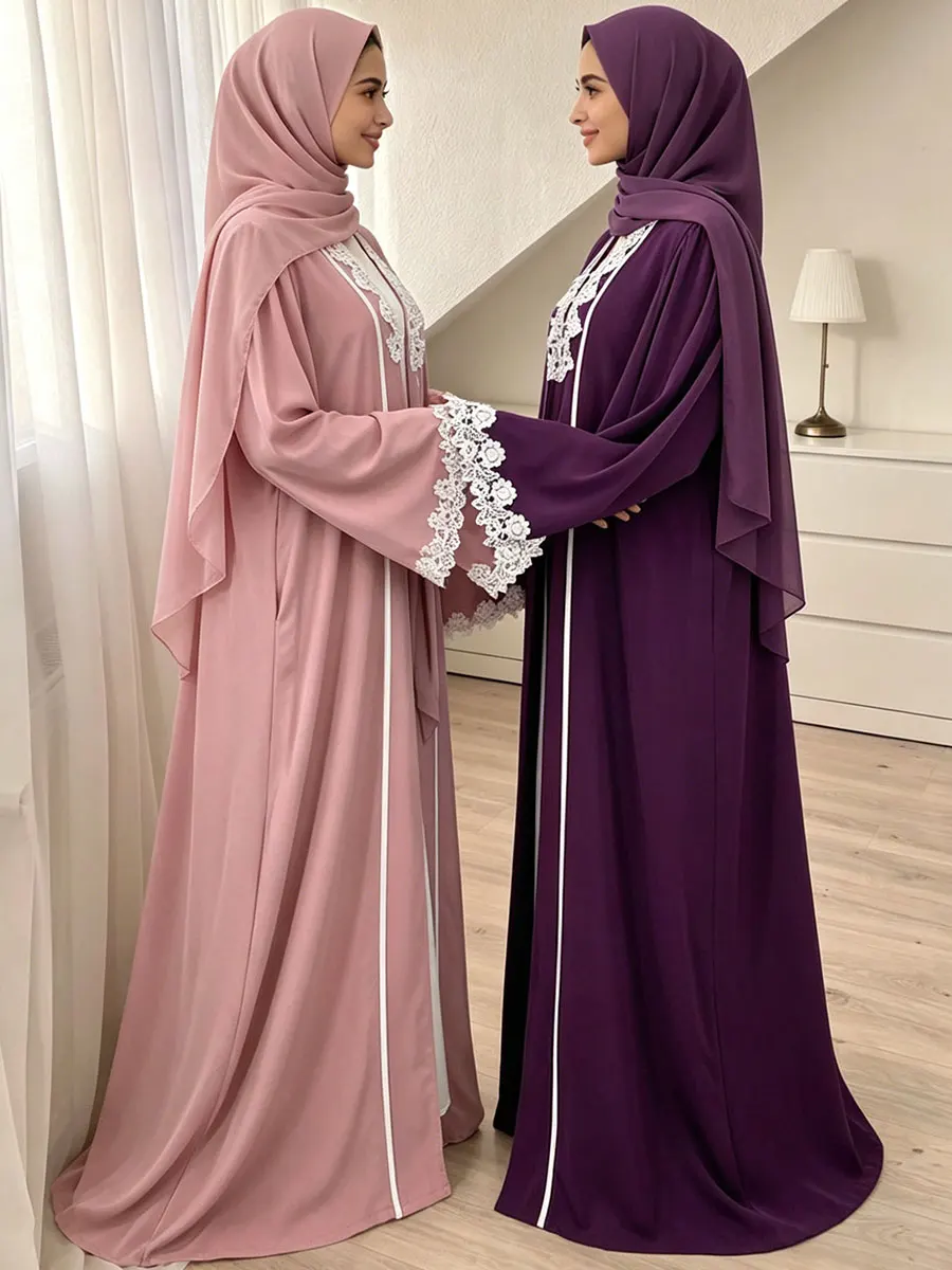 New Muslim Modest Fashion Maxi Dress for Woman Lace Patchwork Long Sleeve Tiered Dress Islamic Abaya Robe