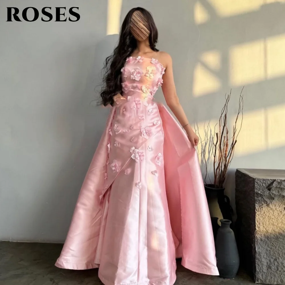 

ROSES Pink Flowers 프롬 드레 with Pleats Sleeveless Evening Gown Strapless Satin A-Line Party Dress for Formal Event Customized