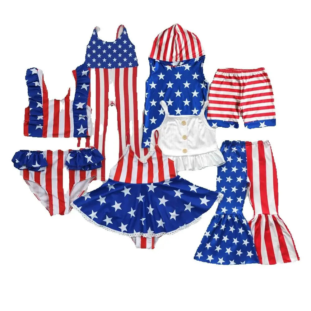 

Sibling Baby Girls July 4th Strap Top Star Bell Bottom Pants Clothes Sets