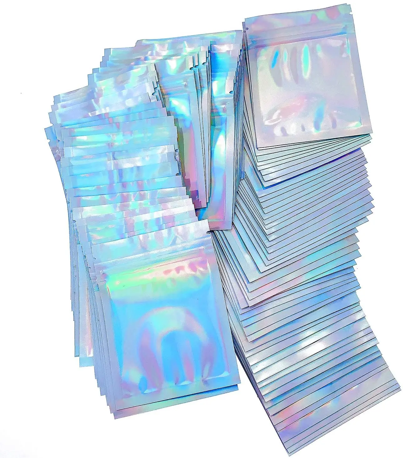 Bolsas de jóias de plástico pequeno a laser, redobrável grosso, rosa holográfico, saco de embalagem com zíper, sacos lisos de jóias cosméticas, 10pcs