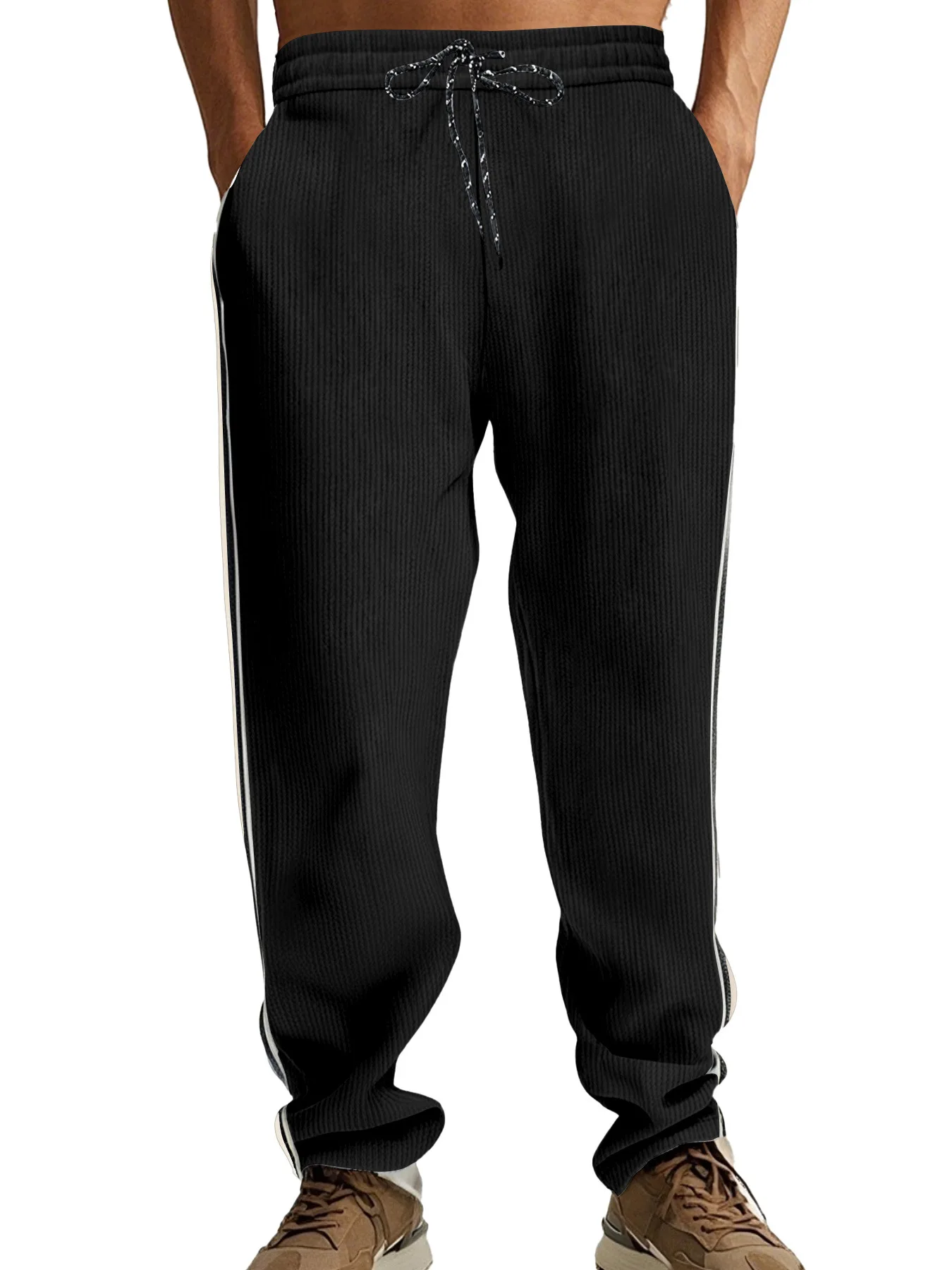 Men Four-Season Striped Corduroy Pants, Loose Simple Double Stitch Casual Trousers Daily Street Sports Outdoor Bottoms