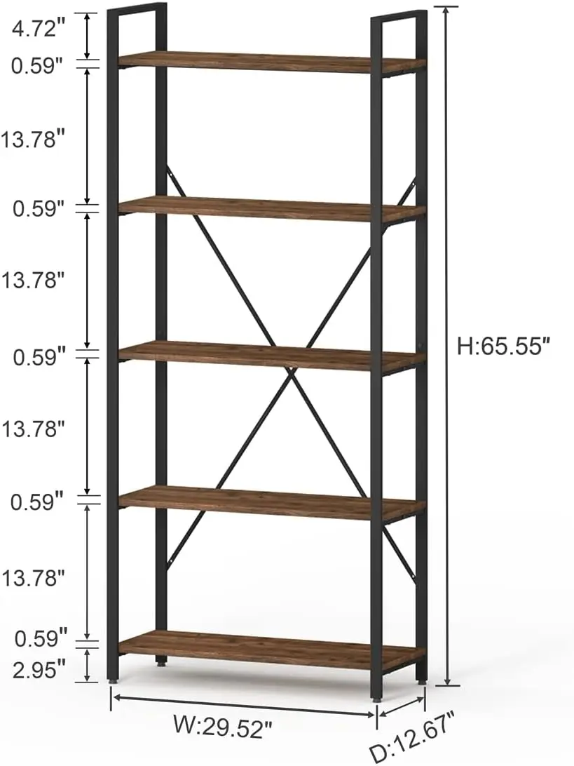 BON AUGURE Industrial Bookshelf, Etagere Bookcases and Book Shelves 5 Tier, Rustic Wood and Metal Shelving Unit (Rustic Oak)